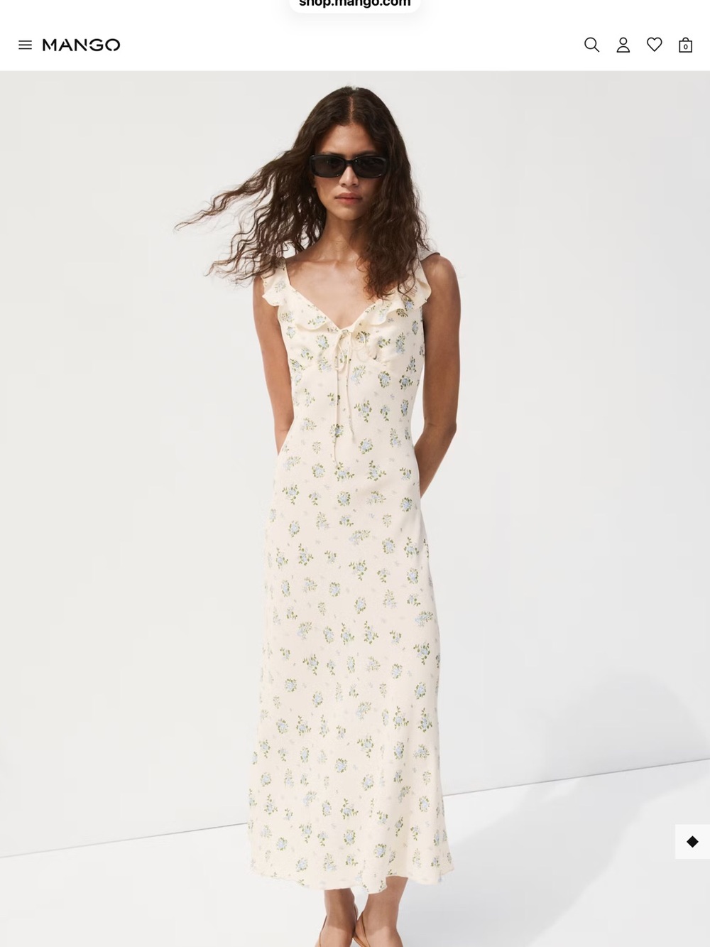 Mango Cream Maxi Dress with Blue Floral Print and Tie Straps